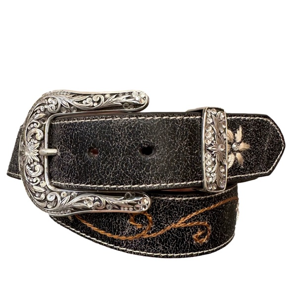 Nocona Accessories - Nocona western belt cowboy cowgirl floral rhinestone embroidered black distress